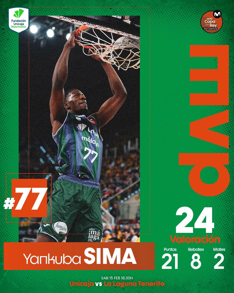 🔝 <a href="/Yankusima/">Yankuba Sima Fatty</a>, nuestro MVP hoy
🆚 <a href="/CB1939Canarias/">La Laguna Tenerife</a> 
🔥 21 puntos
💪 8 rebotes
💥 2 mates
📊 24 de valoración
💚💜 #CopaACB <a href="/ACBCOM/">#CopaACB</a>