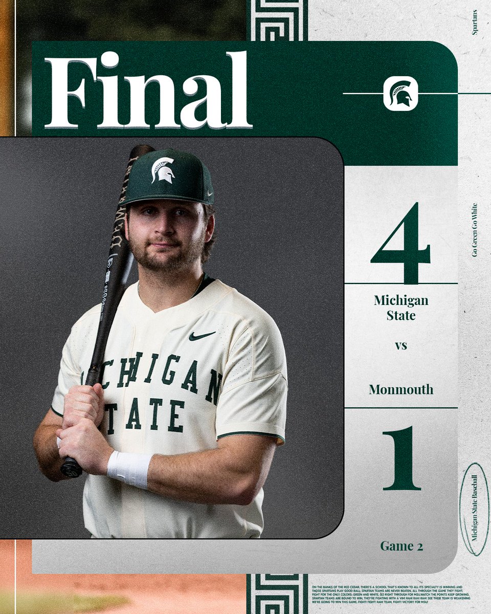VICTORY FOR MSU!!!!

Final score from Cary, NC:
Michigan State 4, Monmouth 1

Will Shannon with a big 2-run single in 6th to break game open!!

Spartans sweep the DH and the weekend, opening season 4-0 for 1st time since 2020!!

#VictoryForMSU | <a href="/wshannon21/">Will Shannon</a>