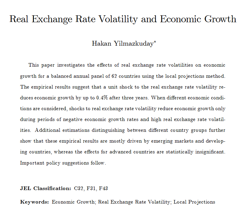 yilmazkuday's tweet photo. This paper investigates the effects of real exchange rate volatilities on economic growth for a balanced annual panel of 62 countries using the local projections method. https://t.co/KxjYyLQdta https://t.co/Y08jW6O0rL