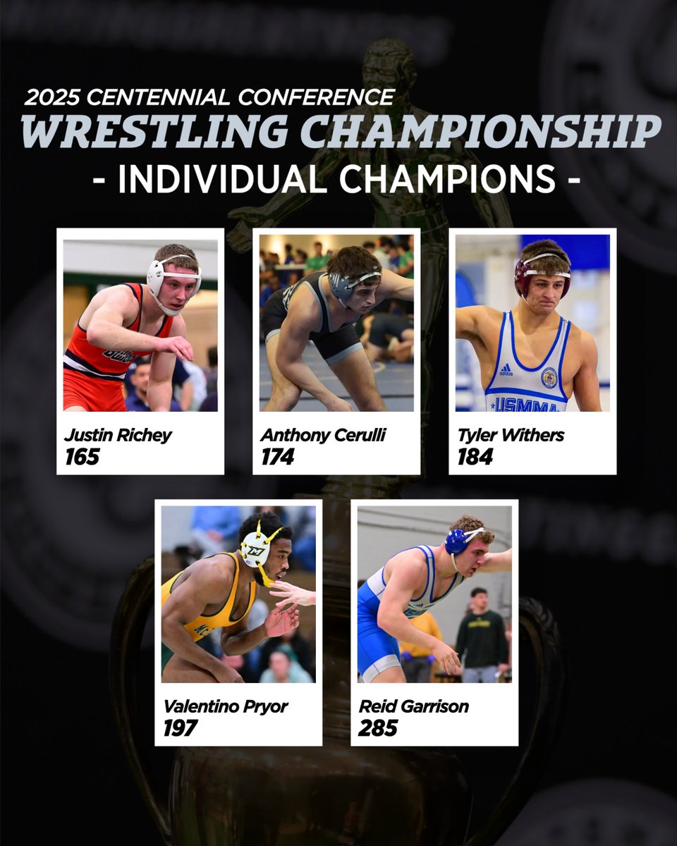 🤼 WR | CHAMPIONSHIP  

The 2025 #CCwrestle Individual Champions (165-285).     

165: Justin Richey,
<a href="/GburgWrestling/">Gettysburg College Wrestling</a> 

174: Anthony Cerulli,
<a href="/UrsinusW/">Ursinus College Wrestling</a> 

184: Tyler Withers,
<a href="/USMMA_Athletics/">USMMA Athletics</a>

197: Valentino Pryor,
<a href="/McDaniel_WRES/">McDaniel College Men's Wrestling</a>

285: Reid Garrison,
<a href="/USMMA_Athletics/">USMMA Athletics</a> 

#d3wrestle