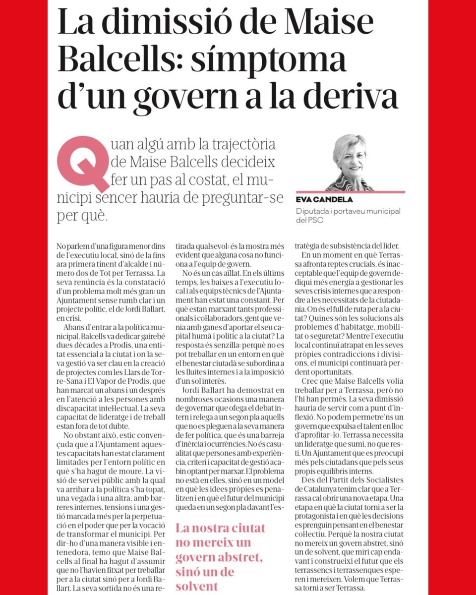 Eva Candela Lopez/❤ (@evacandelalopez) on Twitter photo 🌹 Us deixo el meu nou article publicat avui al <a href="/DiarideTerrassa/">Diari de Terrassa</a> !
✍🏽 La dimissió de Maise Balcells no és només una renúncia, és un senyal d’alerta sobre l’estat del nostre Ajuntament. 🌹 Us deixo el meu nou article publicat avui al <a href="/DiarideTerrassa/">Diari de Terrassa</a> !
✍🏽 La dimissió de Maise Balcells no és només una renúncia, és un senyal d’alerta sobre l’estat del nostre Ajuntament.