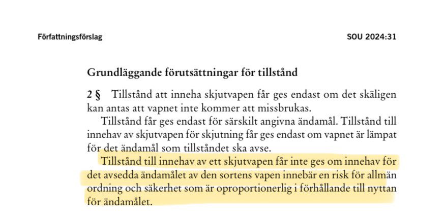 Kära politiker,

Om den gulmarkerade delen i författningsförslaget från vapenutredningen blir verklighet, då spelar det ingen roll vilka ev lättnader ni gör i vapenlagen. 

Den innebär obegränsad makt till Polismyndigheten att neka licens utan saklig grund.

<a href="/sdriks/">Sverigedemokraterna</a> <a href="/moderaterna/">Moderaterna</a>