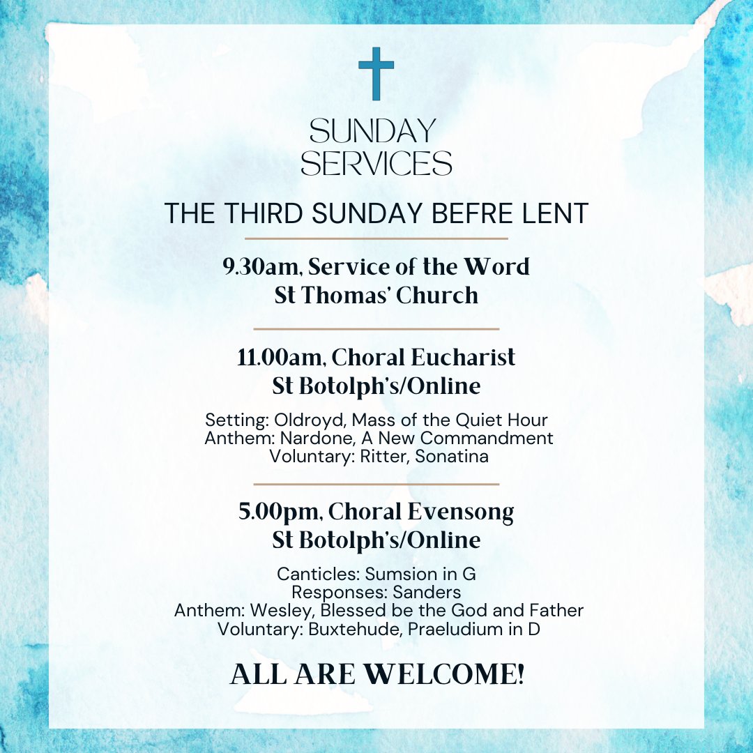 Join us tomorrow as we celebrate The Third Sunday Before Lent. All are welcome!

You can access our community news and readings of the day here tinyurl.com/yc6xd8s3

You can join us online too, live via Zoom
11am, tinyurl.com/6pds2z9y
5pm, tinyurl.com/4sun6r4y