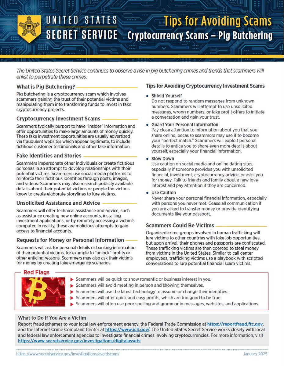 The Plantation Police Department has seen an increase in a scam called Pig  Butchering. The @SecretService has several tips on recognizing and avoiding cryptocurrency  scams.