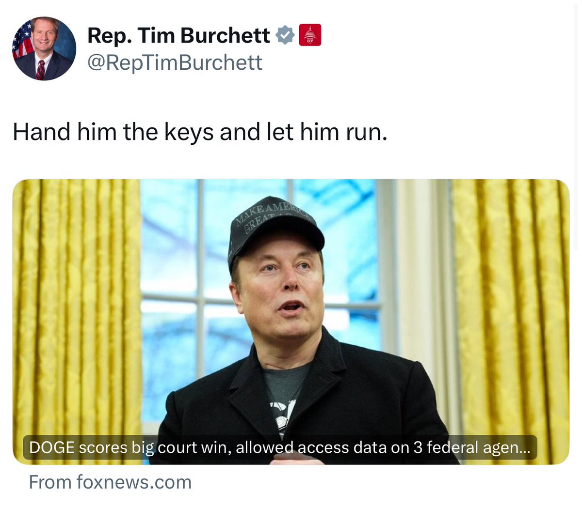 Here’s <a href="/RepTimBurchett/">Rep. Tim Burchett Press Office</a> openly advocating to turn 🇺🇸 over to an unelected billionaire oligarch with a wild amount of conflicts of interest, completely abdicating his responsibility as a congressman. 

(And make no mistake: Burchett will vote for the tax cuts for the rich)