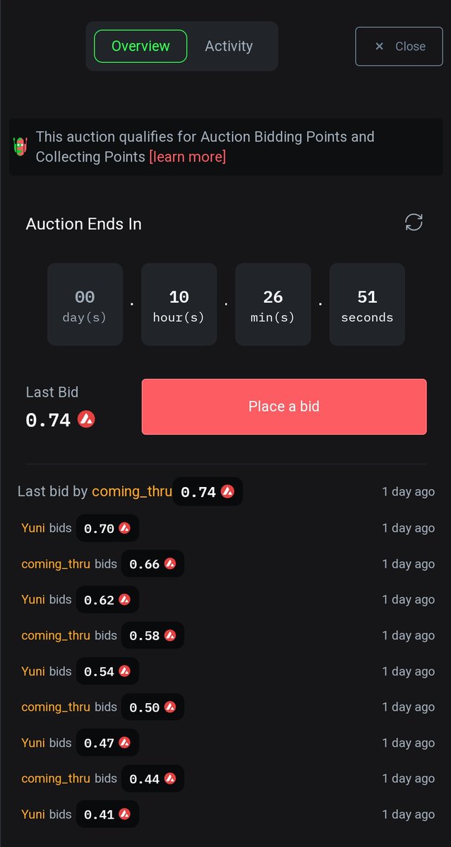 "Cryptic" 
Auction update on <a href="/salvor_io/">Salvor 🚢🔺</a> 🔺
last bid by <a href="/Zippercooler/">Eat, pray, meme 🔺</a> 0.74 AVAX
(Yuni) bids 0.70 AVAX

10 hours left ⌚
join bid war here 👇🔺

<a href="/avax/">Avalanche🔺</a> is #TheArtChain