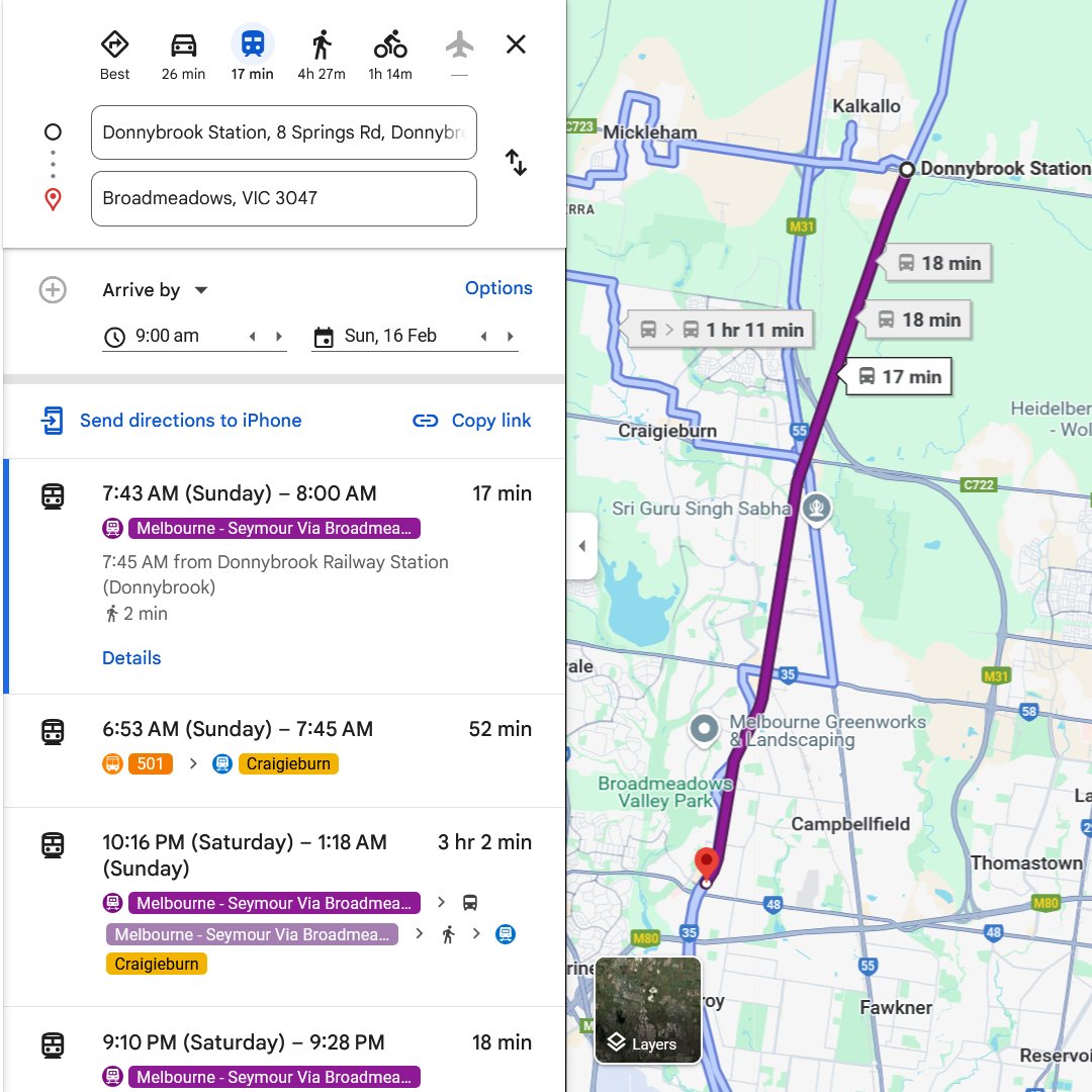 ptua's tweet photo. Donnybrook to Broadmeadows, arriving by 9am on a Sunday?
You'll have to arrive at 8am, thanks to infrequent services and poor connections.
There are examples like this right across the state, thanks to #TimeWastingTimetables
More services and better coordination are needed. https://t.co/yUjlPg0JdI