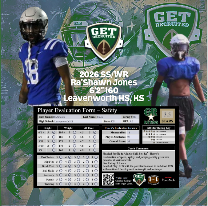 Elias_Maren_'s tweet photo. 🚀 Ra’Shawn Jones - The Dual Threat! 🏈
6'2" | 165lbs | Class of '26 | WR/SS | Leavenworth HS
🤲 Hudl: https://t.co/nQdTvzBjiu

📈 @Get__Recruited @Coach_Brady @Coach_RMattison @1of1LifeSkills @GoMVB
@KStateFB @FCSNDState @BakerFootball @NWMSUBearsFB
#GRStarRated https://t.co/vczHJC9lBr