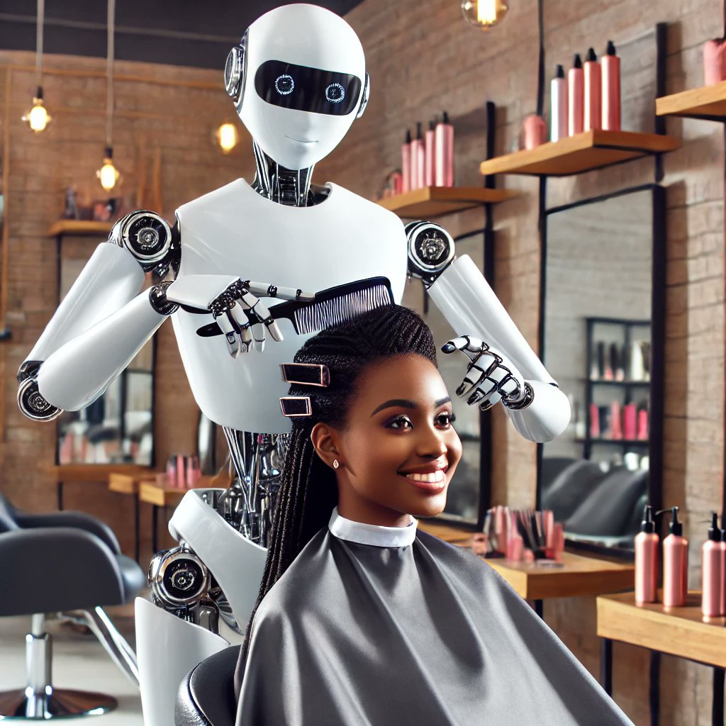 Jackielthequeen's tweet image. Precision meets care. 🤖✨ A robot styling her hair, but the real beauty is in the gentle touch. 
#AIBeauty #FutureOfCare #HumanAndMachine #eTatos #AIArtistCommunity