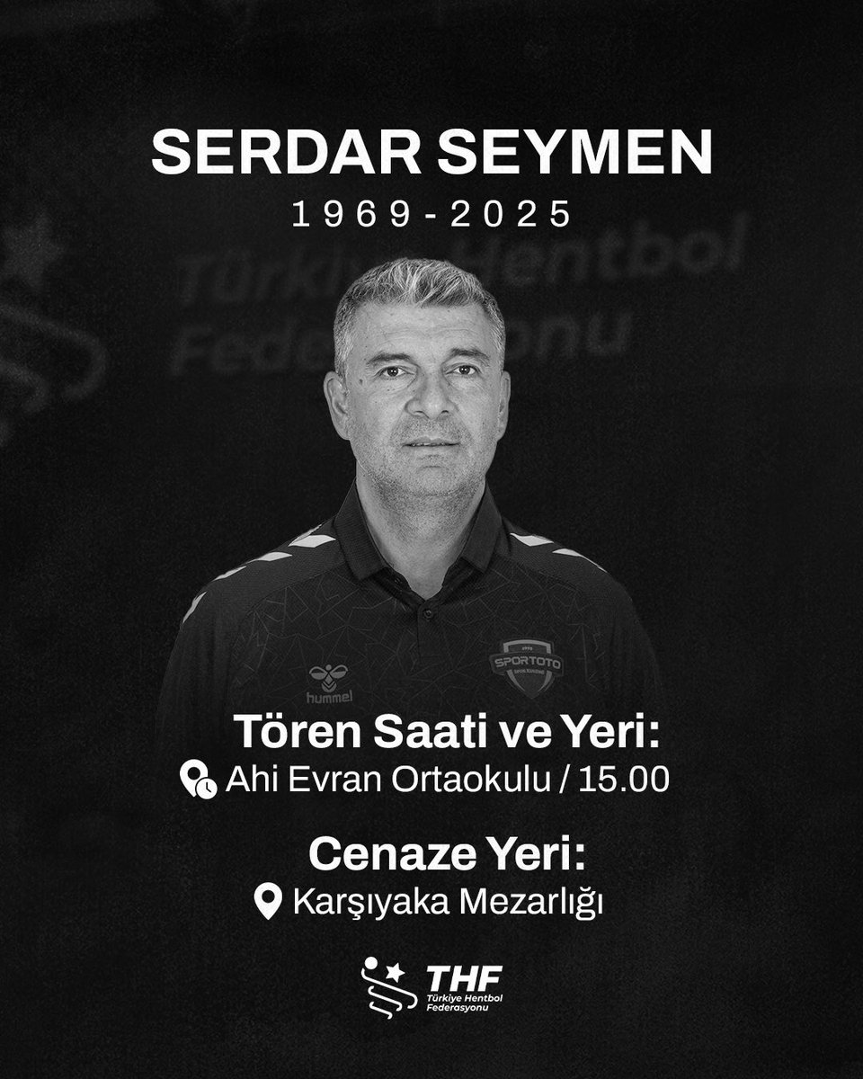 Hentbol_Fed's tweet photo. Merhum Serdar Seymen'in cenazesi, yarın saat 15.00'te Ahi Evran Ortaokulu'nda düzenlenecek törenin ardından ikindi namazına müteakiben Etimesgut Tevhid Camii'nde kılınacak cenaze namazının ardından Karşıyaka Mezarlığı'nda toprağa verilecektir. https://t.co/F1FGFHpT6Y