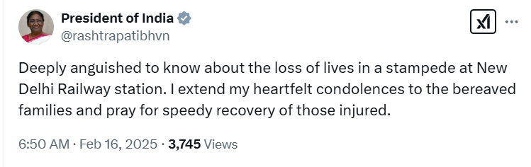 ANI's tweet photo. Stampede at New Delhi railway station | "Deeply anguished to know about the loss of lives in a stampede at New Delhi Railway station. I extend my heartfelt condolences to the bereaved families and pray for speedy recovery of those injured," tweets President Droupadi Murmu https://t.co/oiDY8bn7EM