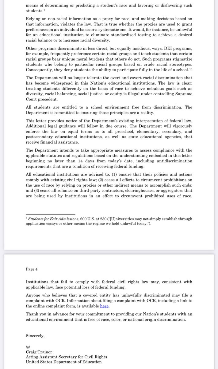 JUST IN: The Department of Education sent this letter to all education departments in all 50 states, notifying them they have 14 days to remove all DEI programming in their schools.

Failure to comply will result in a loss of federal funding.