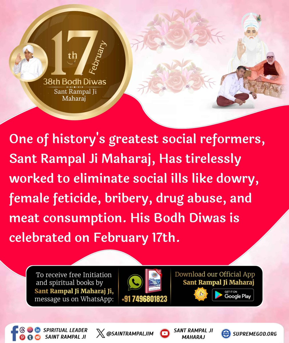 Rohit_KumarJh's tweet photo. #1DayLeft_For_BodhDiwas
One of history's greatest social reformers, @SaintRampalJiM Maharaj, Has tirelessly worked to eliminate social ills like dowry, female feticide, bribery, drug abuse, and meat consumption. His Bodh Diwas is celebrated on February 17th. 🌼 https://t.co/dOi7gmx7g1