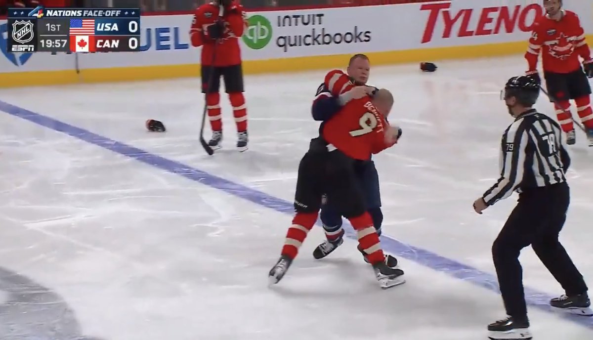 In 1996 it took 20 seconds for Keith Tkachuk to drop the gloves for Team USA (will current USA GM Bill Guerin) against Canada’s Keith Primeau and Claude Lemieux. 

#4nations