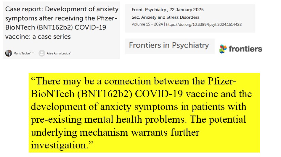 Development of anxiety symptoms after receiving the Pfizer-BioNTech (BNT162b2) COVID-19 vaccine: a case series
frontiersin.org/journals/psych…
"There may be a connection between the Pfizer-BioNTech (BNT162b2)  COVID-19 vaccine and the development of anxiety symptoms in patients  with