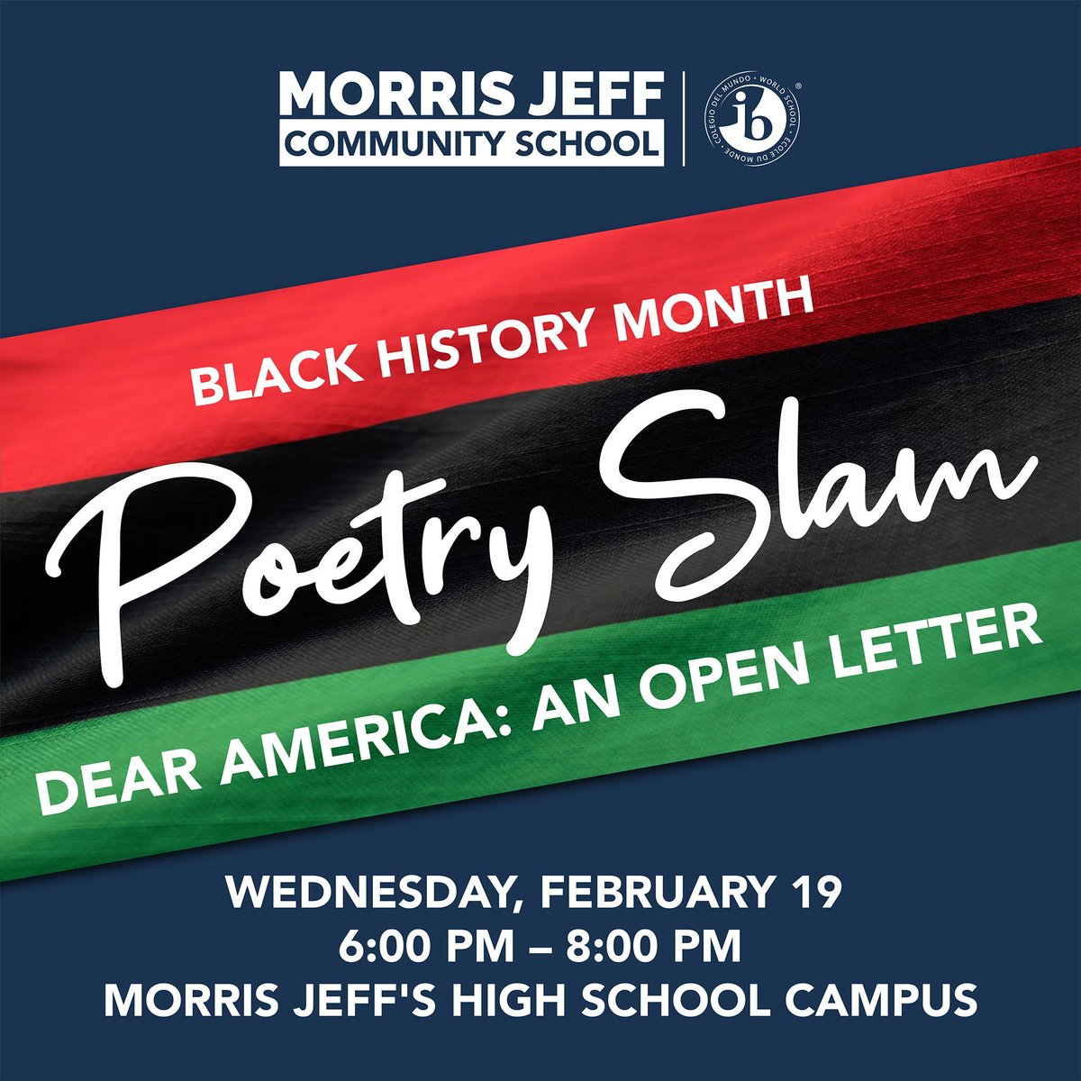 It's time for our 7th annual Black History Month Poetry Slam. This year's theme is Dear America: An Open Letter. Join us Wednesday, February 19 from 6-8 pm at the high school campus (3811 N. Galvez). Come and enjoy the original words and art our students have crafted to share.