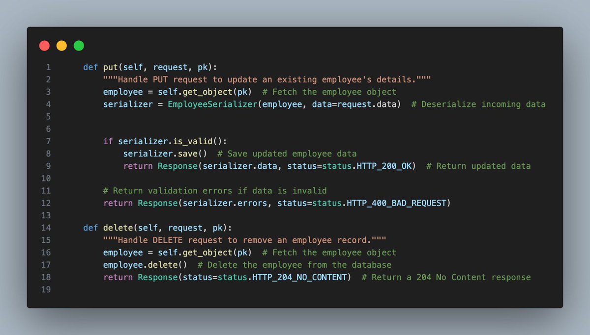 AsileAyuba's tweet image. Day 46 of my 100 Days of Coding Challenge:
Today, I explored Class-Based Updating and Deleting an Employee in Django REST Framework. 

#100DaysOfCode #DjangoRestFramework #ClassBasedViews #Python