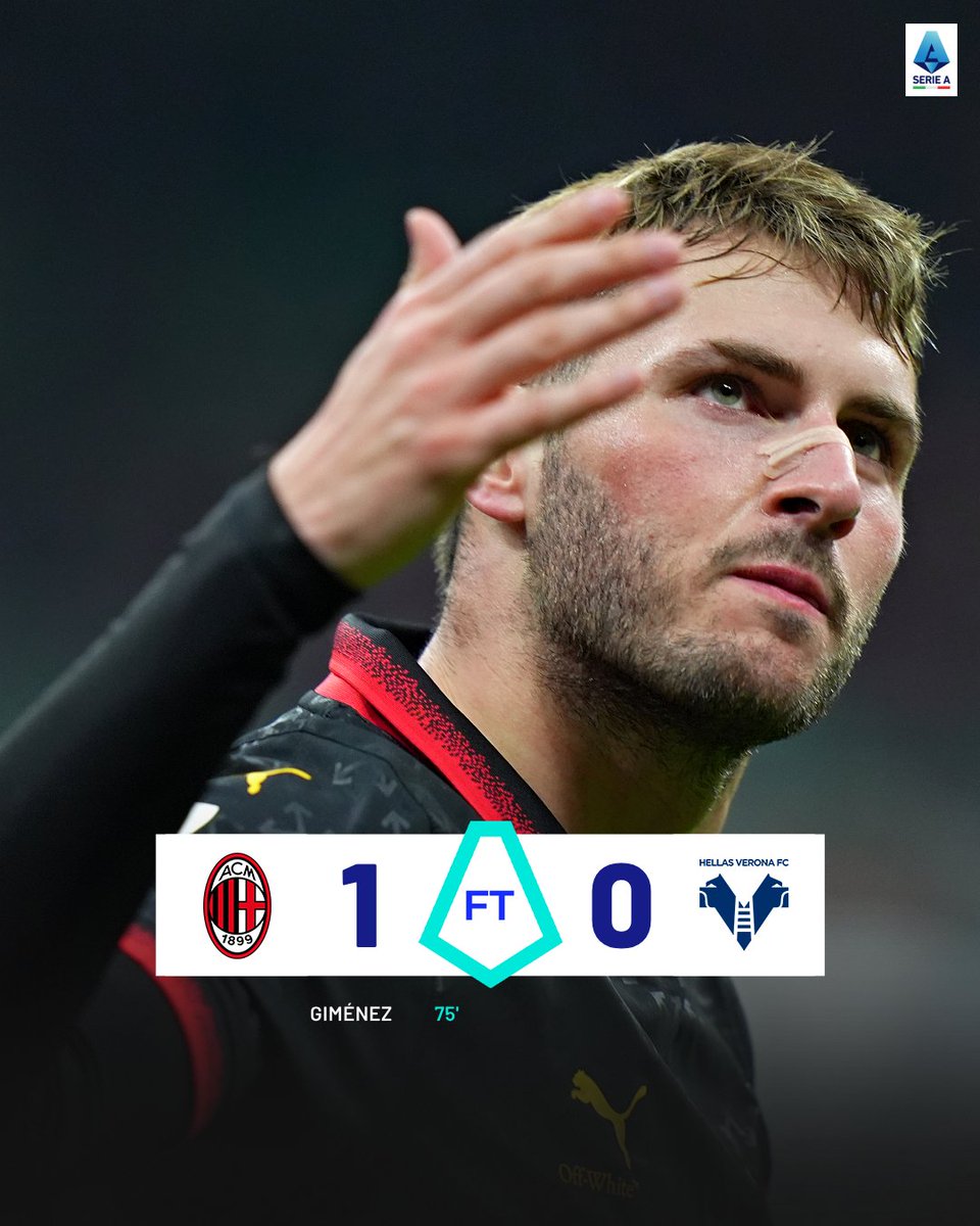 SerieA_ES's tweet photo. Segundo partido de #SerieA, segundo gol 😉
@Santgimenez_ le da la victoria al @acmilan 🇲🇽

#MilanVerona 1⃣-0⃣ https://t.co/sxR9h3jJli