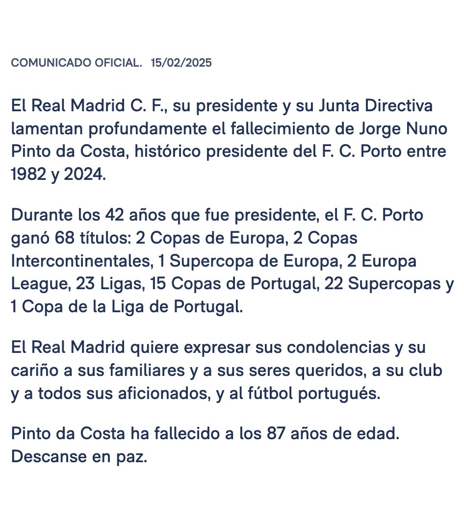 B24PT's tweet photo. Real Madrid deixou uma mensagem de condolências pelo falecimento de Pinto da Costa. https://t.co/MOQtdA1yBm