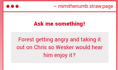 MimiTheNumber1's tweet photo. What an interesting idea! A little toxic Forest using Chris to get back at Wesker~ Ghastly behavior! 😬😬😬

https://t.co/ovwKQMqkY2

#RedForest #ForestSpayer #ChrisRedfield https://t.co/hrg2mSdHoQ