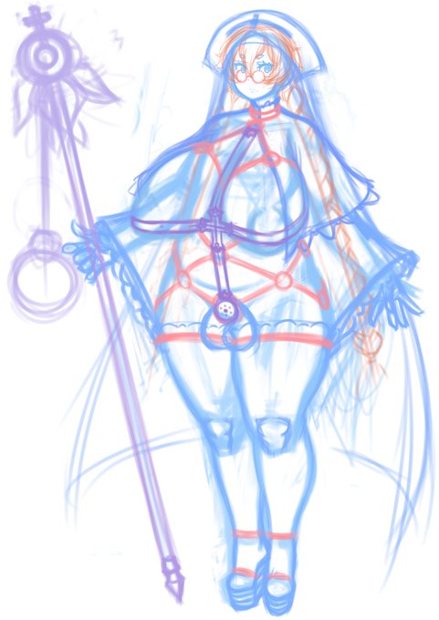 次のご依頼の以前描いたラバーシスターちゃんのお姉ちゃんをデザイン中…武器の細部がなかなか決まらない… 