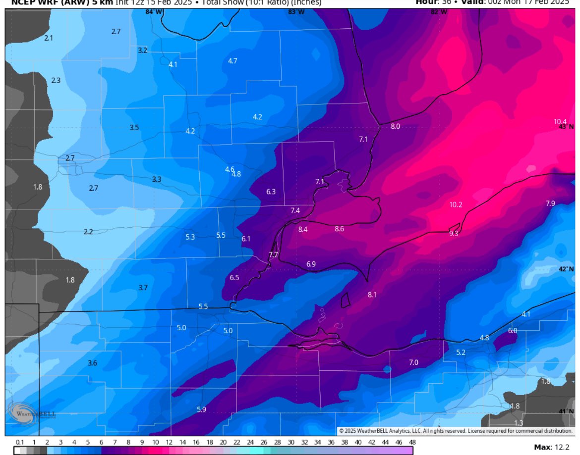 GrossWeather's tweet photo. (Cont.) Given the low’s track, I’m most drawn to this model output for snow amounts tonight. But some models suggest much less.  @NWSDetroit has issued a Winter Storm Warning for our eastern counties, and a Winter Weather Advisory (purple) for the rest until 4pm Sun. 
(Cont.➡️) https://t.co/wt2ObckYes