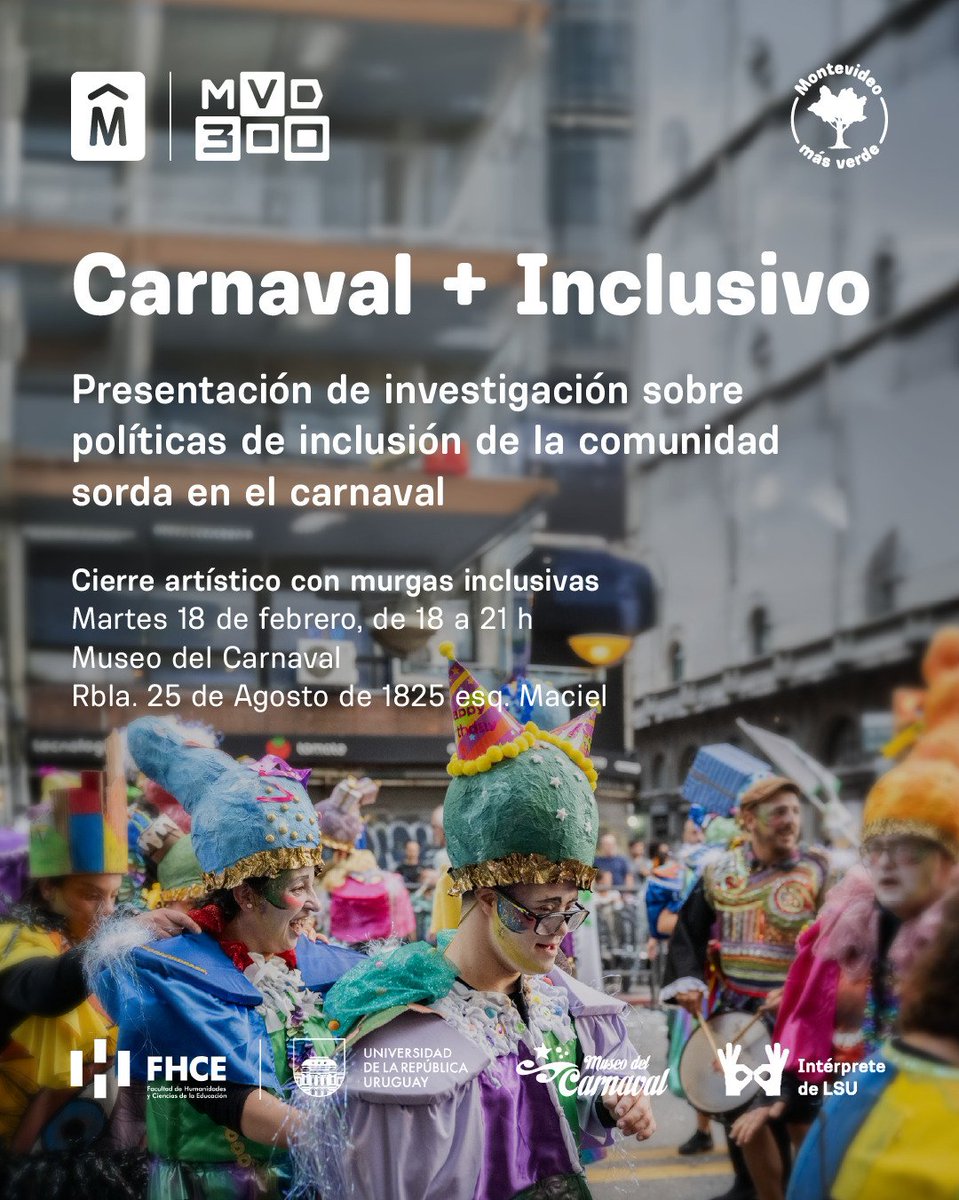 Les invitamos a la presentación de la investigación sobre políticas de inclusión de la comunidad sorda en el carnaval. 

Martes 18 de febrero, de 18 a 21 h
en el Museo del Carnaval

Se contará con accesibilidad e intérprete en LSU.

CIERRE con murgas inclusivas.