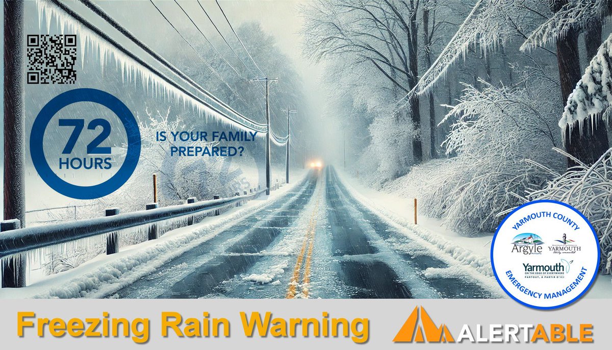 #NSStorm: Freezing Rain Alert for Yarmouth County. Expect over 4 hours of ice rain from Sunday afternoon, spreading by nightfall. Snow will turn to ice pellets, then freezing rain, and rain by Sunday evening in the southwest. Ice accumulation could reach 5-10 mm. Strong winds.