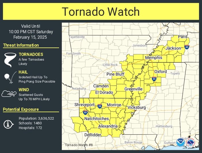 A tornado watch has been issued for parts of Arkansas, Louisiana, Mississippi, Tennessee and Texas until 10 PM CST