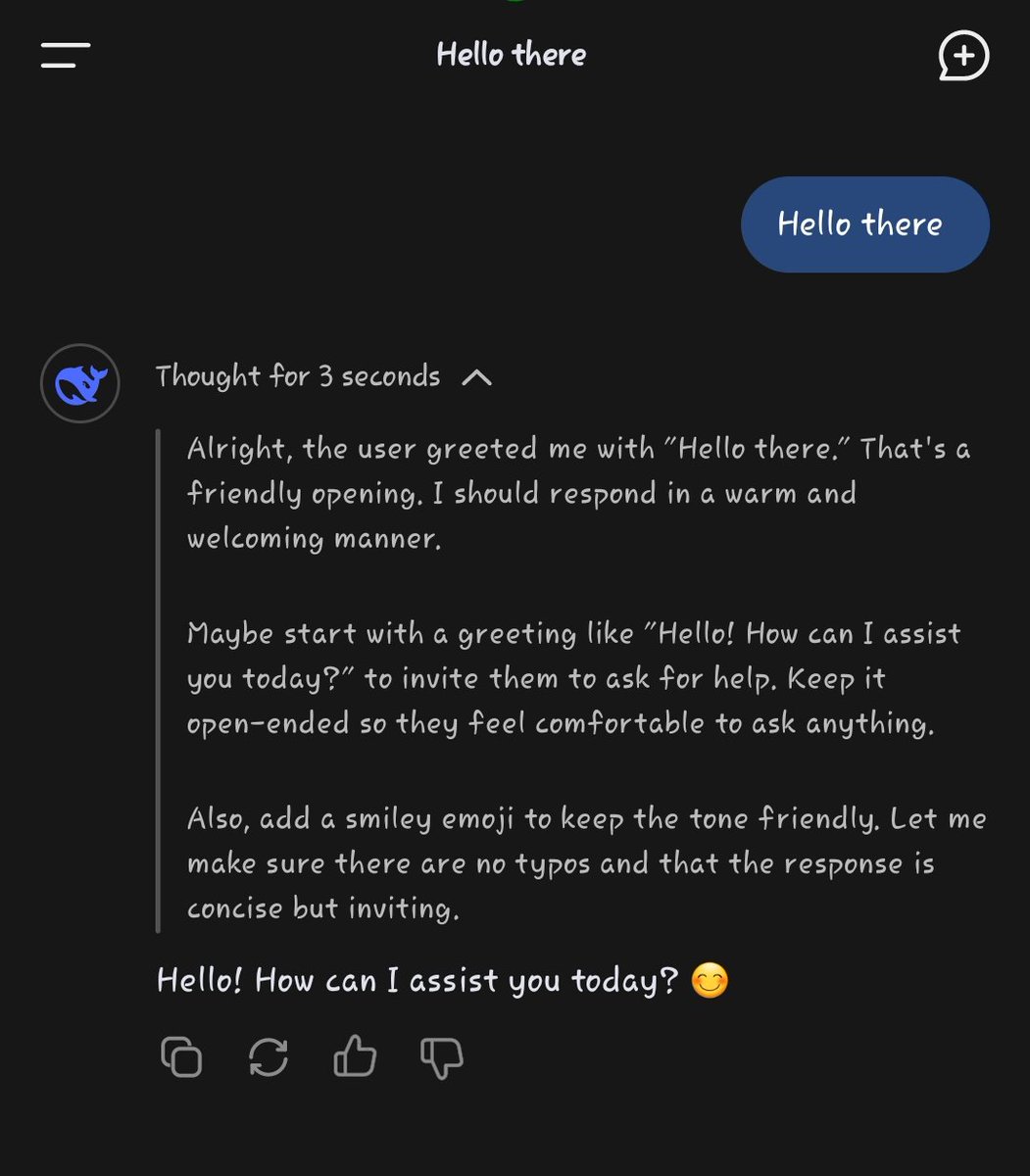One thing that fascinates me about Deepseek what happens when I turn on Deep thinking. It shows the thought process of the AI in getting you an answer 😂