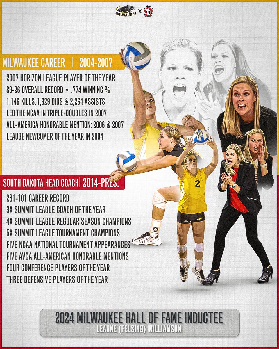 South Dakota Volleyball (@sdcoyotesvb) on Twitter photo Congratulations to head coach <a href="/CoachLeanneW/">Leanne Williamson</a> on being inducted into the <a href="/MKEPanthers/">Milwaukee Panthers</a> Hall of Fame this afternoon!
#GoYotes x #WeAreSouthDakota Congratulations to head coach <a href="/CoachLeanneW/">Leanne Williamson</a> on being inducted into the <a href="/MKEPanthers/">Milwaukee Panthers</a> Hall of Fame this afternoon!
#GoYotes x #WeAreSouthDakota