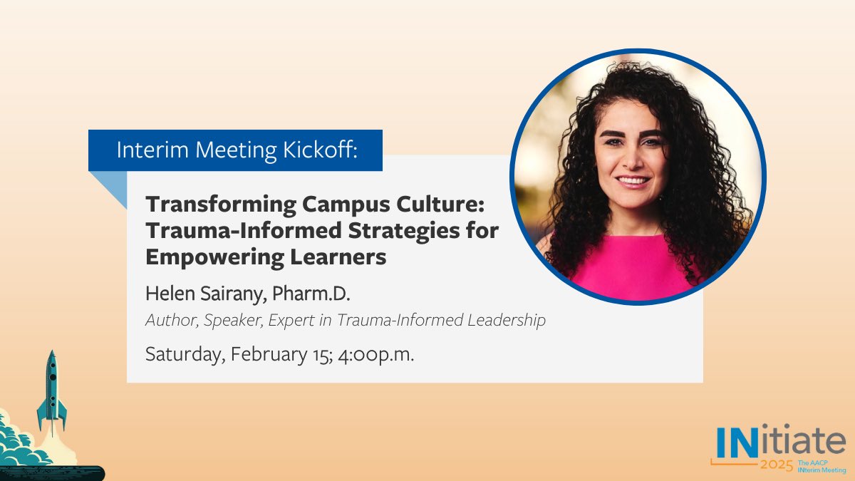 <a href="/WesternUPharm/">WesternU Pharmacy</a> <a href="/_gbrazeau/">Gayle A. Brazeau</a> <a href="/TheAJPE/">AJPE</a> Today's #INterim25 speaker, Dr. Helen Sairany (<a href="/Dr_Sairany/">Helen Sairany</a>), "will explore how #trauma affects students and how to respond in ways that promote healing and success," says President Law. 

Dr. Sairany will sign copies of her best-selling book, Childhood Baggage: Overcoming Trauma