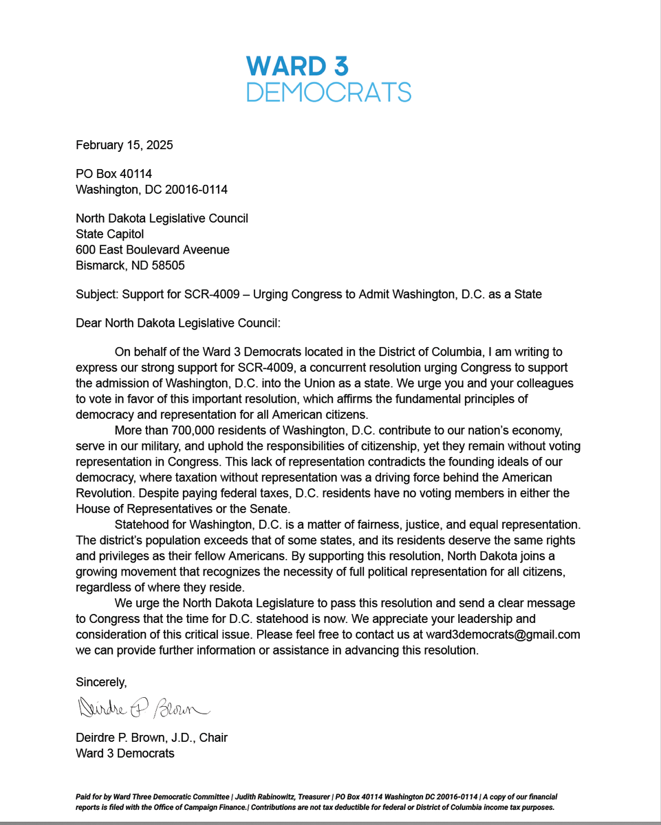 wrd3dc's tweet photo. Ward 3 Democrats proudly support ND SCR-4009, urging Congress to grant Washington, D.C. statehood. 700K+ residents, pay taxes, serve in the military &amp; deserve full representation.
NORTH DAKOTA, stand with us for fairness &amp; democracy! #DCStatehood #DCStatehoodCompact https://t.co/fGJYMNVYxZ
