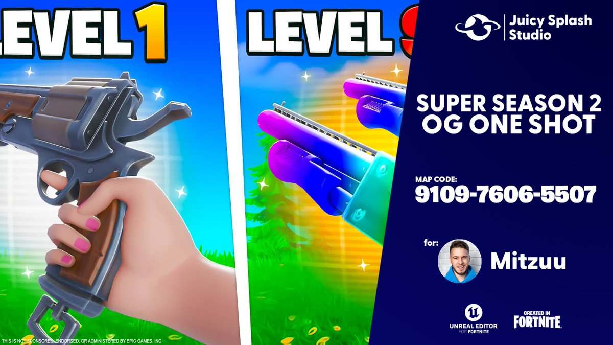 💥 SUPER SEASON 2 OG ONE SHOT 🎯
MAP CODE: 9109-7606-5507

Original map styled with old OG seasons of Fortnite, nostalgic locations, fast action and gameplay and most of all fun! Play, conquer and upgrade to climb the ranks of the best players on the map!
New features are waiting