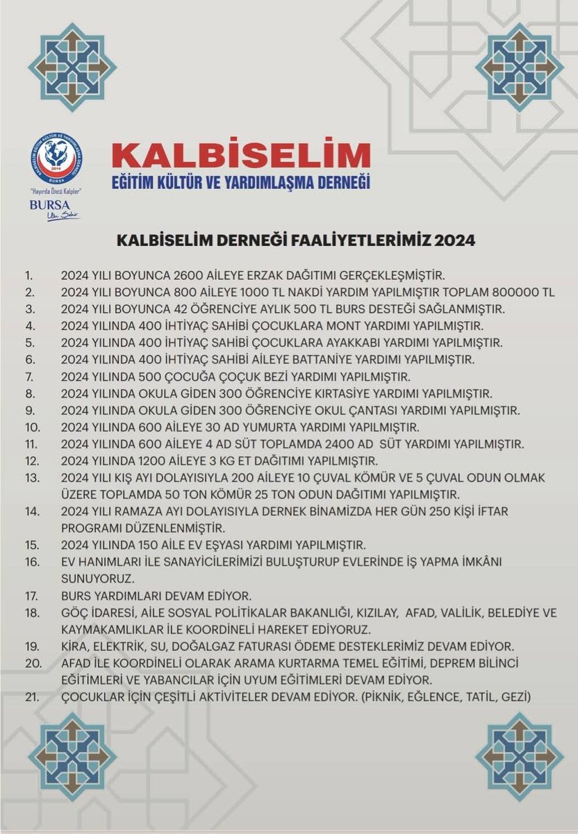 KALBİSELİM DERNEĞİ OLARAK 2024 YILINDA YAPMIŞ OLDUĞUMUZ HİZMETLERİMİZ,
EMEĞİ VE KATKISI OLAN TÜM BAĞIŞCILARIMIZA TEŞEKKÜR EDERİZ