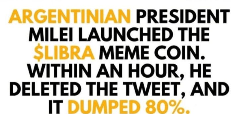 Another pump-and-dump memecoin, but this time from a country's president!

Argentina's $LIBRA token skyrocketed, hitting a $4.5 billion market cap within an hour, only to crash down to $190 million.

As expected, early snipers bagged over $40 million in profits, while retail