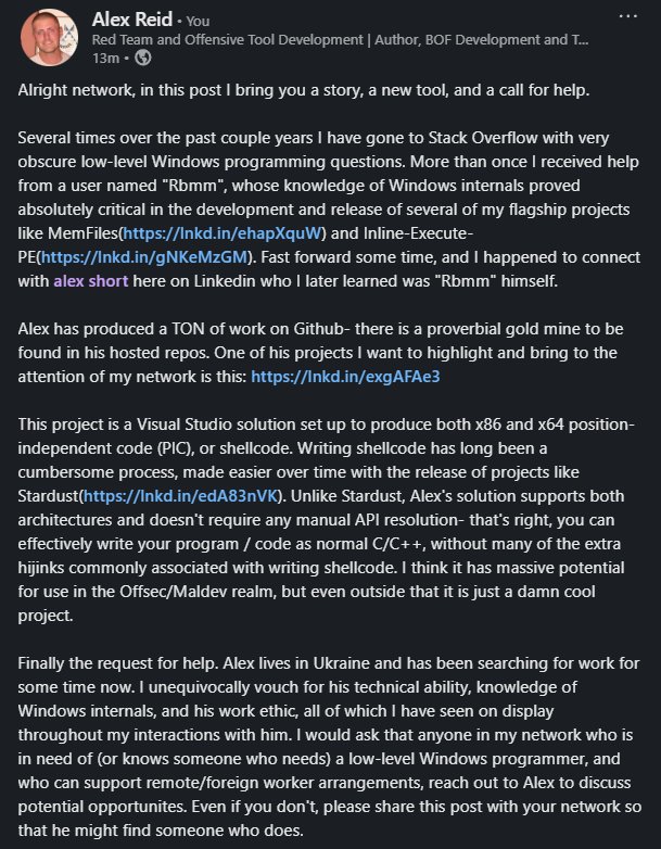 Octoberfest7 (@octoberfest73) on Twitter photo I don't pay for premium, so please read the longform in the picture. TLDR: Cool new VS x86/x64 shellcode template from <a href="/alexsho71327477/">alex short 🇺🇦</a> at github.com/rbmm/SC_DEMO, he lives in Ukraine and is looking for remote work, help him make a connection if you can. I don't pay for premium, so please read the longform in the picture. TLDR: Cool new VS x86/x64 shellcode template from <a href="/alexsho71327477/">alex short 🇺🇦</a> at github.com/rbmm/SC_DEMO, he lives in Ukraine and is looking for remote work, help him make a connection if you can.