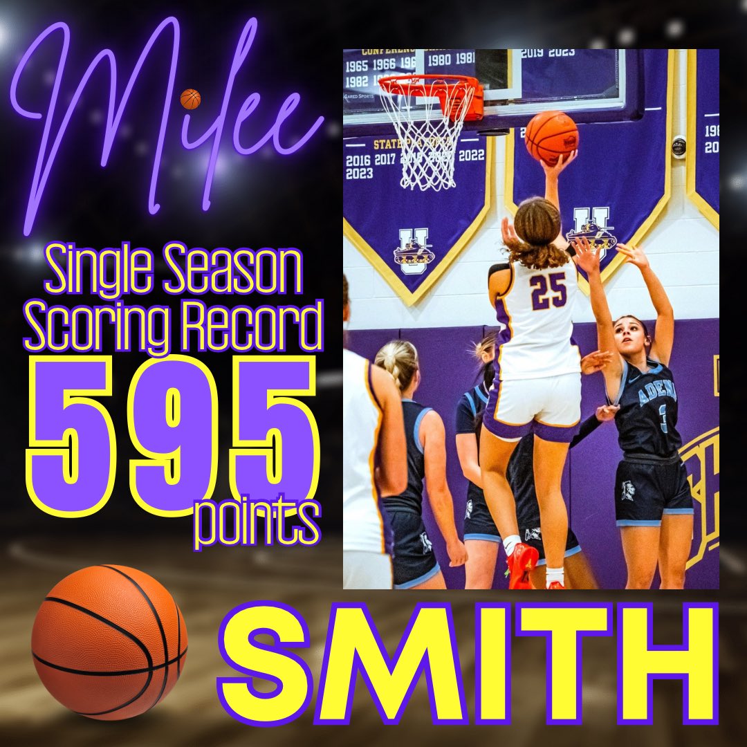 Milee Smith sets a new standard, breaking the all-time single season scoring record with 595 points and counting, surpassing the record of 592 points held by 1995 graduate Aubrey Eblin. Congratulations to Milee on this outstanding accomplishment!
