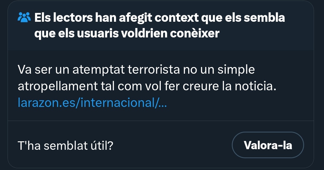 Després els mitjans de comunicació ploren si se'ls diu que són uns manipuladors i uns blanquejadors de merda, però la gent de Twitter no és idiota i no perdona. I clar, si els desacrediten cada dia és normal que no els agradi Twitter. 

La seva notícia           |     La realitat