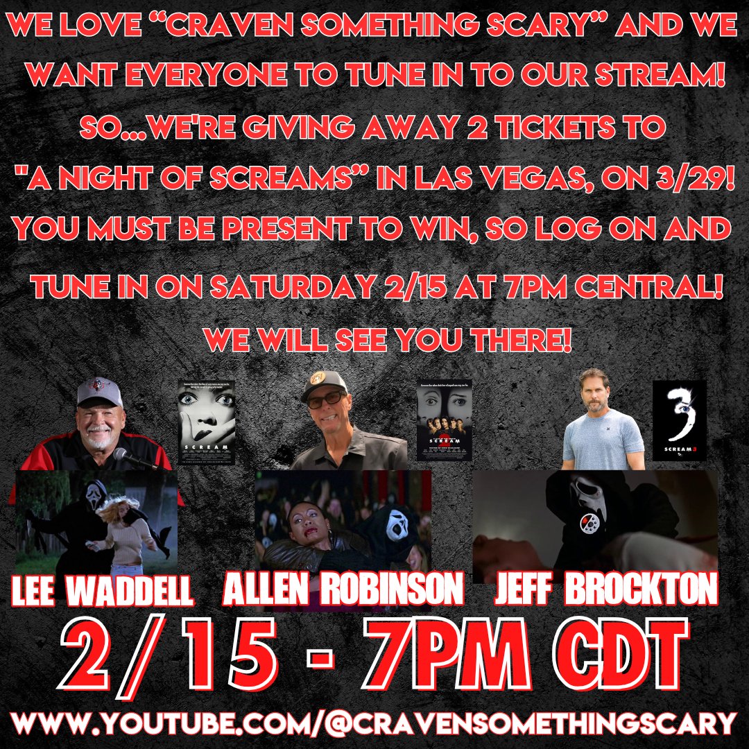 cravenmovies's tweet image. TONIGHT is the night! You will have the opportunity to win a PAIR of tickets to their EPIC event " A Night Of Screams" in Las Vegas on March 29th! See their message on the image below! Click the link below NOW! youtube.com/live/r_y-gpJnA…
#Scream #Scream2 #Scream3