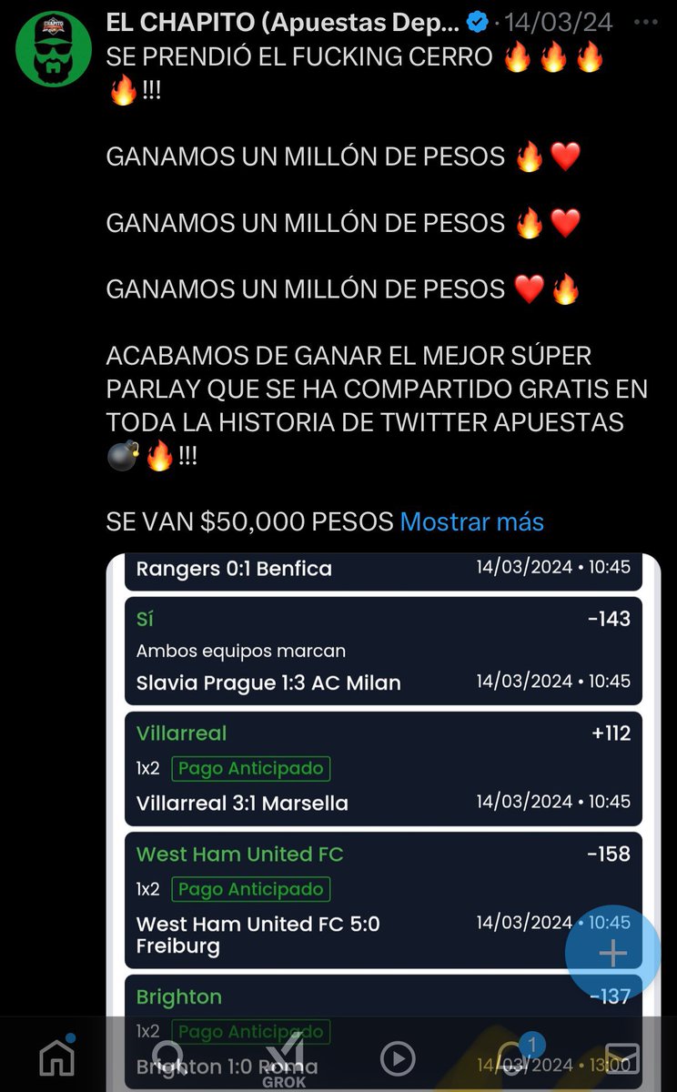 AllTipsterFree's tweet photo. Regálenme su like ❤️ y les daré TODA LA CARTELERA PREMIUM de ‼️Chapito Apuestas ‼️

Canal free 👇 

https://t.co/kmDJstsj5w https://t.co/w4Ves4nUw7