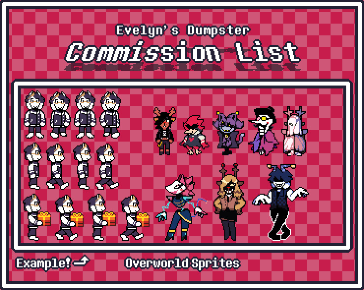 EvelynDumpzter's tweet image. Hello!
I opened commissions on Ko-Fi!
You can see important info in the first Image.
These are the prices:
Overworld Sprites - $5
Battle Sprites - $20
Talksprites - $15
Commissions for art/pixelart will be addresed through DM.
ko-fi.com/evelyndumpzter