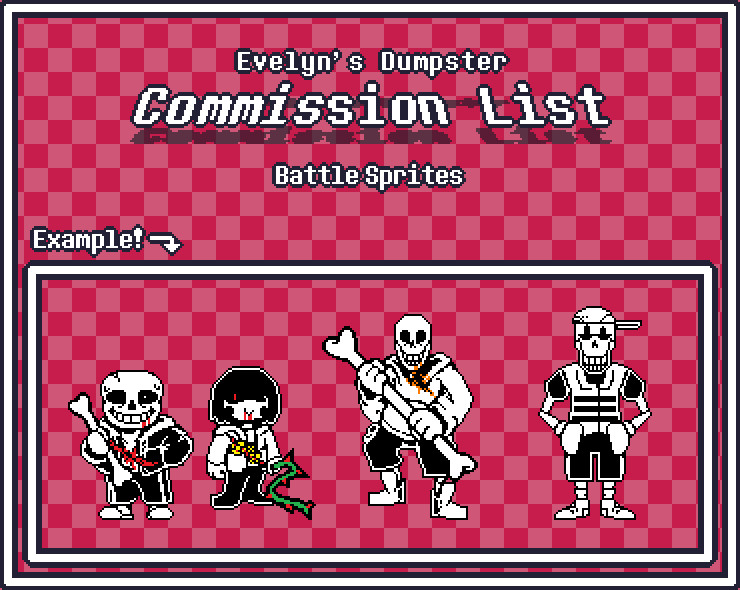 EvelynDumpzter's tweet image. Hello!
I opened commissions on Ko-Fi!
You can see important info in the first Image.
These are the prices:
Overworld Sprites - $5
Battle Sprites - $20
Talksprites - $15
Commissions for art/pixelart will be addresed through DM.
ko-fi.com/evelyndumpzter