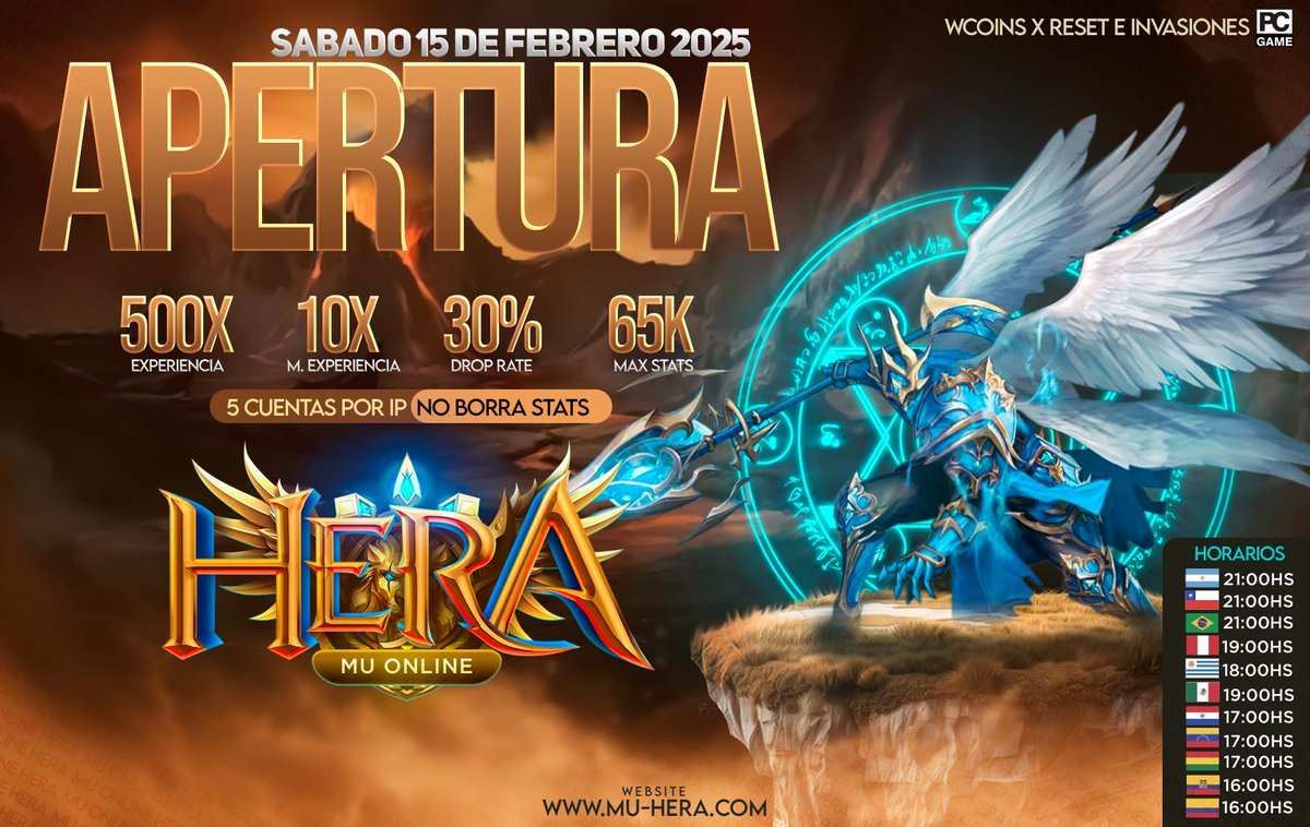 🎮 Lanzamiento: 15 de febrero.
➖➖➖➖➖➖
🌍 Web: mu-hera.com
🔊 Discord: discord.gg/uynhfFA4JF 
📚 Guias : mu-hera.gitbook.io
➖➖➖➖➖➖
🎮 Características:
➖➖➖➖➖➖
⚔ Exp: 500x | Master: 10x.
⏫ Max Level: 400 | Master: 200.
📦 Drop Rate: 40%.