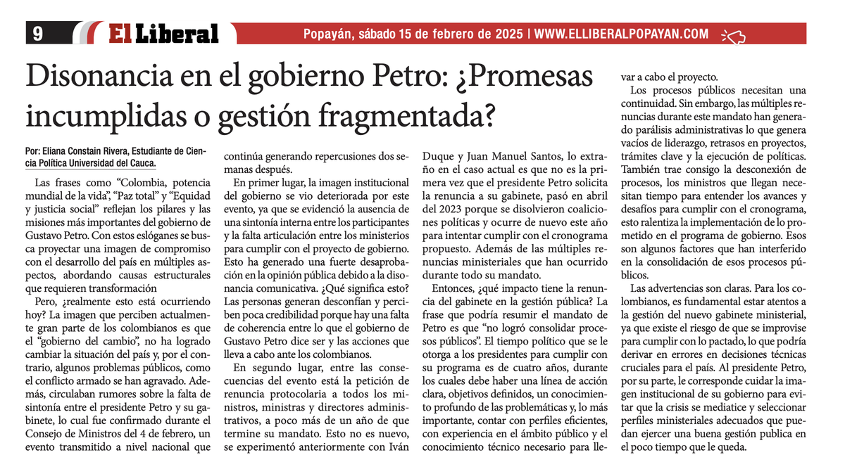 politologocauca's tweet photo. #AnálisisPolítico Los invito a leer a @elianasofiacons sobre Disonancias en el Gobierno @petrogustavo, en el @elnuevoliberal Análisis sobre el rumbo de la gestión pública y la imagen institucional del actual gobierno @unicauca @esdepolitologos @Alejo_zubo #cipol https://t.co/4gkd0Mz5RY