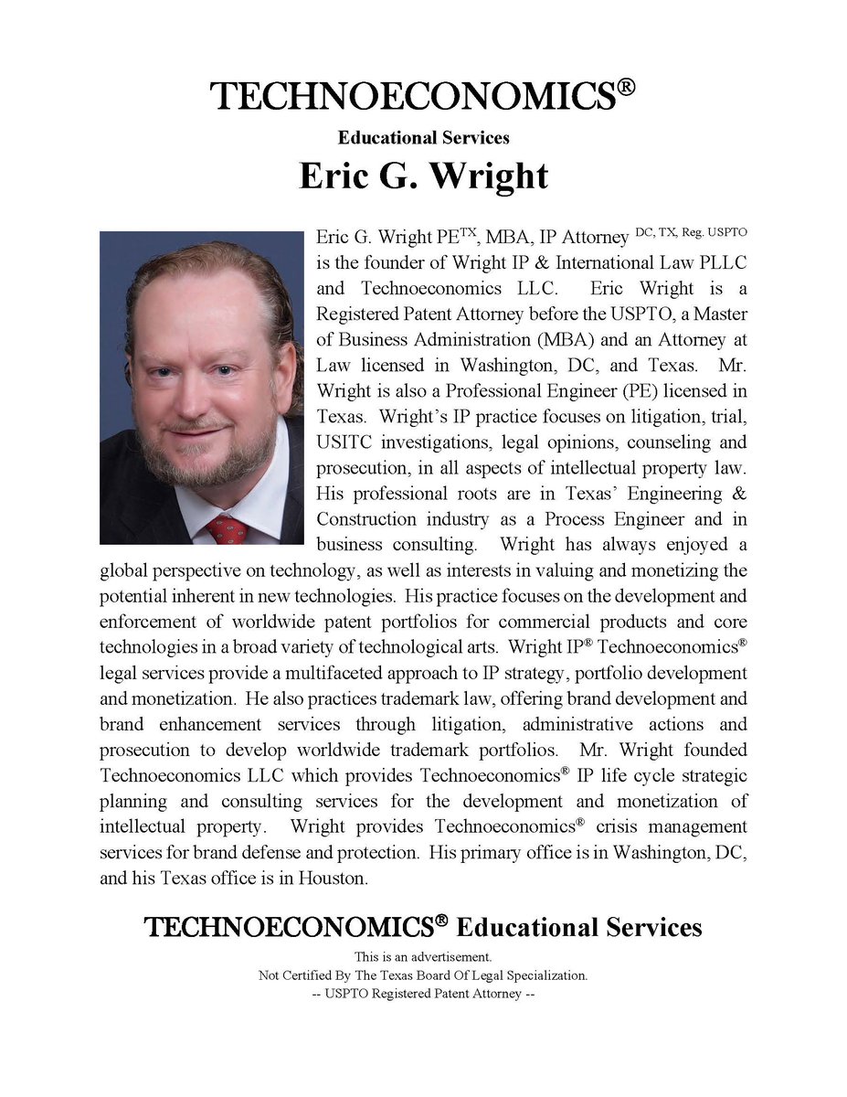 Wright_IP's tweet photo. Technoeconomics® course, seminars and lectures focus on the creation, valuation and monetization of intellectual property such as trademarks, copyrights, patents, trade secrets and know-how and is tailored to high school and vocational level students. #technoeconomics #education https://t.co/XkZ7kwirfi
