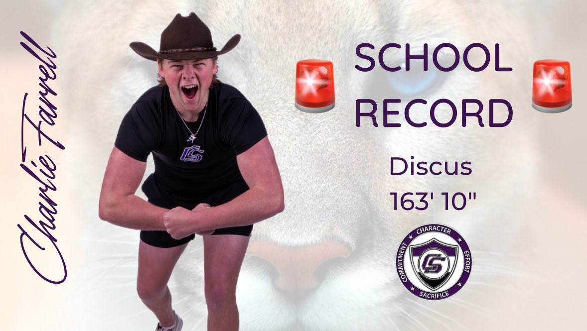 💥🥏 DISCUS SCHOOL RECORD🥏💥

Charlie Farrell opened this season and showed up to COMPETE with some big dawgs today to set a new school discus record of 163-10!

Congratulations, <a href="/FarrellChaarlie/">Charlie Farrell</a>!! 💪🏻
#LetTheBigDogsEat #schoolrecord #discus #throws