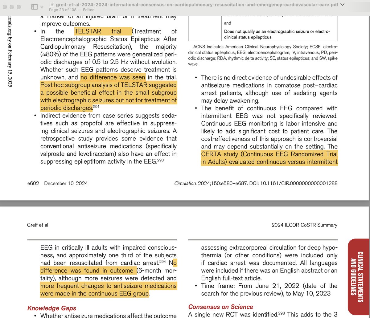 NickMurray_'s tweet image. 2024 ILCOR - CPR Update. Post–cardiac arrest seizure prophylaxis (=DON'T) and management (DO; EEG and tx the interictal continuum...because "why not?") #TELSTAR and #CERTA #neurocritical #neurocriticalcare @Intermountain ahajournals.org/doi/full/10.11…
