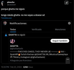 81Debbie's tweet photo. Disclaimer: Este hilo fue realizado por personas que están o estuvieron en la comunidad y que participaron en los hechos. De todo hay pruebas. Siéntense, tomense un matcha y a disfrutar de esta hermosa historia:

Esto es solo contexto de lo que sucedio en los ultimos 3 meses, para que entiendan.

Siempre hubo un pique entre ella y la comunidad, por likes que daba por el posible shipeo entre ella y Reb incluso un diadespués del inicio del servidor de Sapin, a esta altura ni sabíamos quién era Vivi, pero Ghatta si quería dejarlo claro.

Para dejar en claro, esto no tiene que ver con que sea la pareja de Reb. Siempre se separó, e incluso unos dias antes de comienzo de spain se lo shipeo a Reb con otra persona y la comunidad no dijo nada, porque? vida privada es vida privada. 

El problema fue cuando  ella misma empezó a involucrarlo en las charlas que tenía con la comunidad trajeada por privado. O cuando sus moderadores tantos los antiguos como los nuevos, creaban multicuentas para que se filtrara: Donde vivia Reb, que tenian fotos de Ghatta y de Reb Juntos. Y luego de todo eso, comenzar a doxear a gente de la comunidad y enviandoles gore por dm.

Como este tweet hay varios, incluso de multicuentas pertenecientes a ex moderadores de ella. (+)