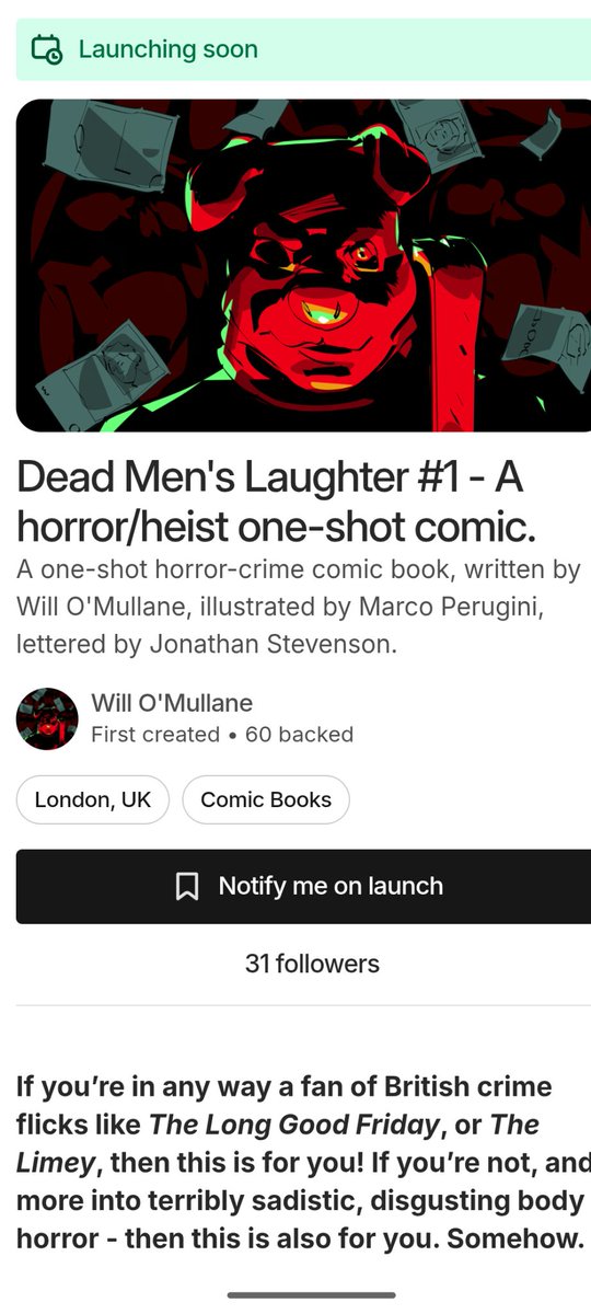 Coming to Kickstarter soon! Dead Men's Laughter #1 by <a href="/marcoperugini78/">marco perugini</a> <a href="/ComicsWrangler/">Jonathan (Lexi’s Version)</a> and I  - two elderly criminals face the sins of their past.

And who wouldn't want that?! 

Please do share the page, and if you can, sign up for notifications, it'd be a big help. 

Link 👇
